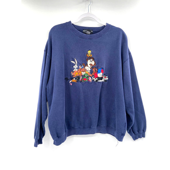 Warner Bros. Tops - Warner Bros. Vintage Navy Blue Looney Tunes Embroidered Crewneck Sweatshirt Sz L